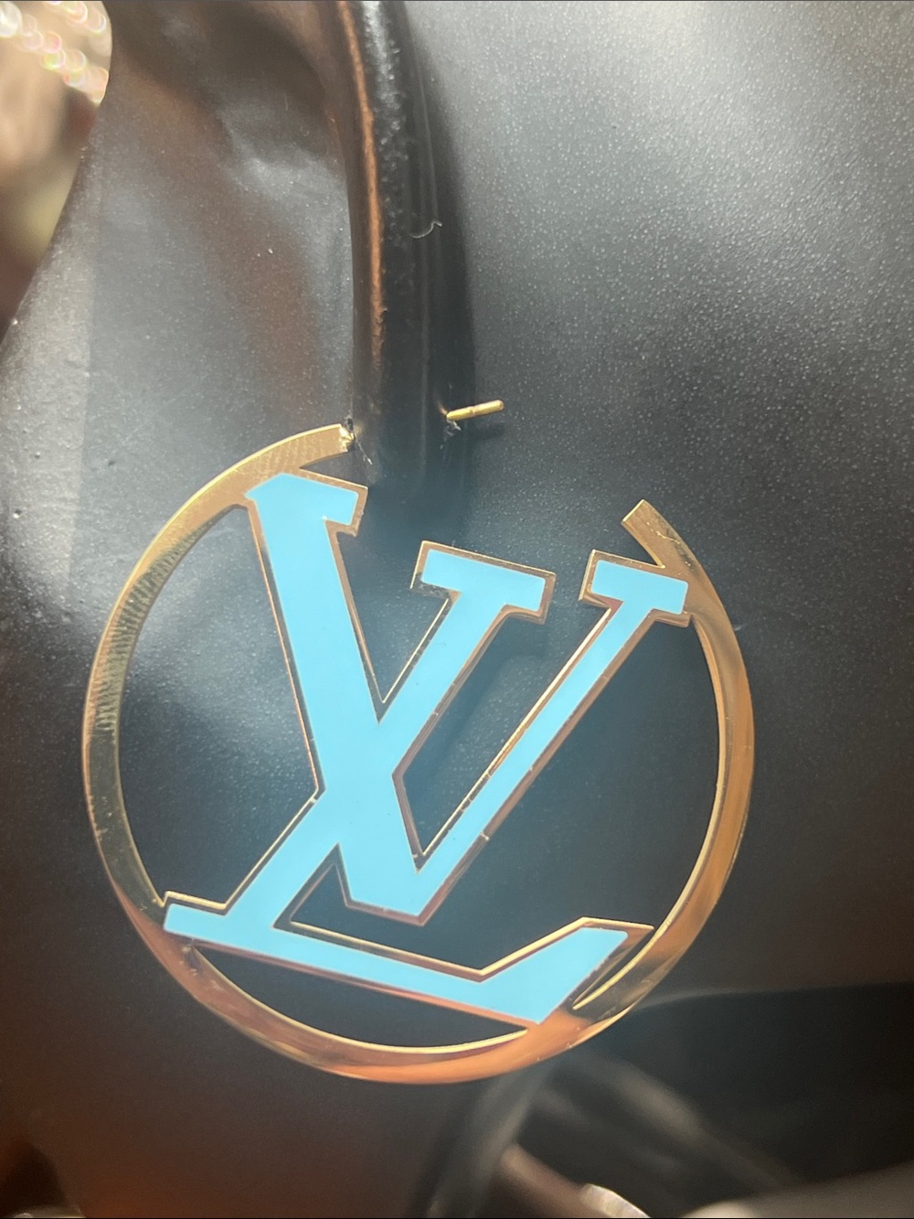 Gold Stainless Steel Reversible Hoop Earring with Light Blue Logo